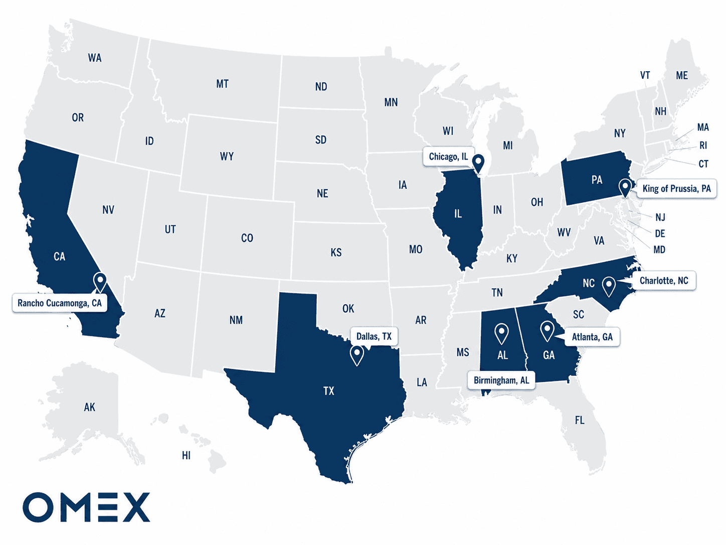 OMEX U.S. stocking locations map